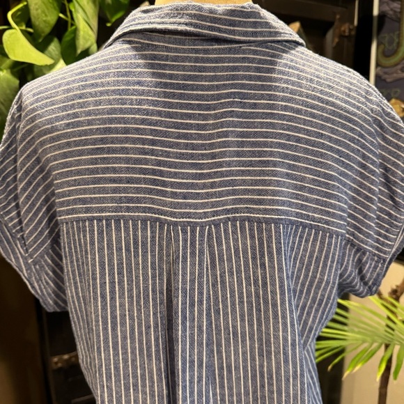 Altar’d state linen blend frayed edge shirt mini dress. Pockets & denim stripe - Picture 11 of 14